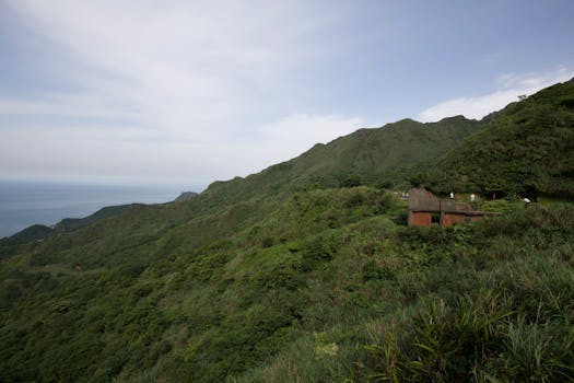 Serene view of green mountains and ocean under a clear sky, perfect for nature lovers.