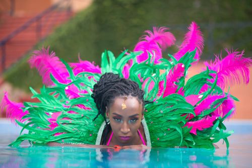 Free A stylish woman in a colorful feathered costume poses confidently in a pool setting. Stock Photo