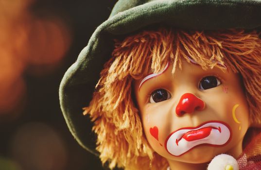 Detailed close-up of a sad clown doll wearing a green hat, highlighting its expressive painted face.