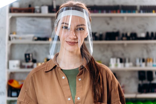 Confident young woman wearing a face shield, smiling indoors at a salon.
