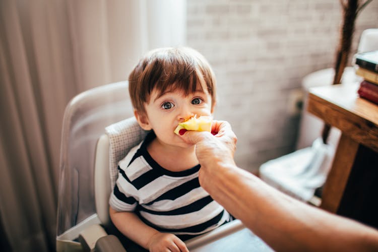 Faceless Parent Feeding Cute Toddler