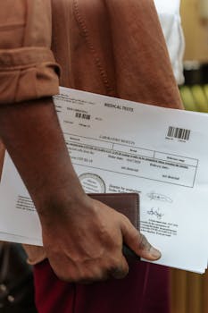 Close-up shot of a person's hand holding medical test documents and a wallet.