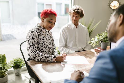 A professional signing documents during a meeting in a modern office space.