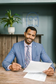 African American man in a blue suit, smiling while holding a document at a desk.
