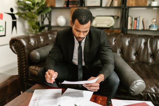 A businessman in a suit attentively reviews paperwork on a brown leather sofa.