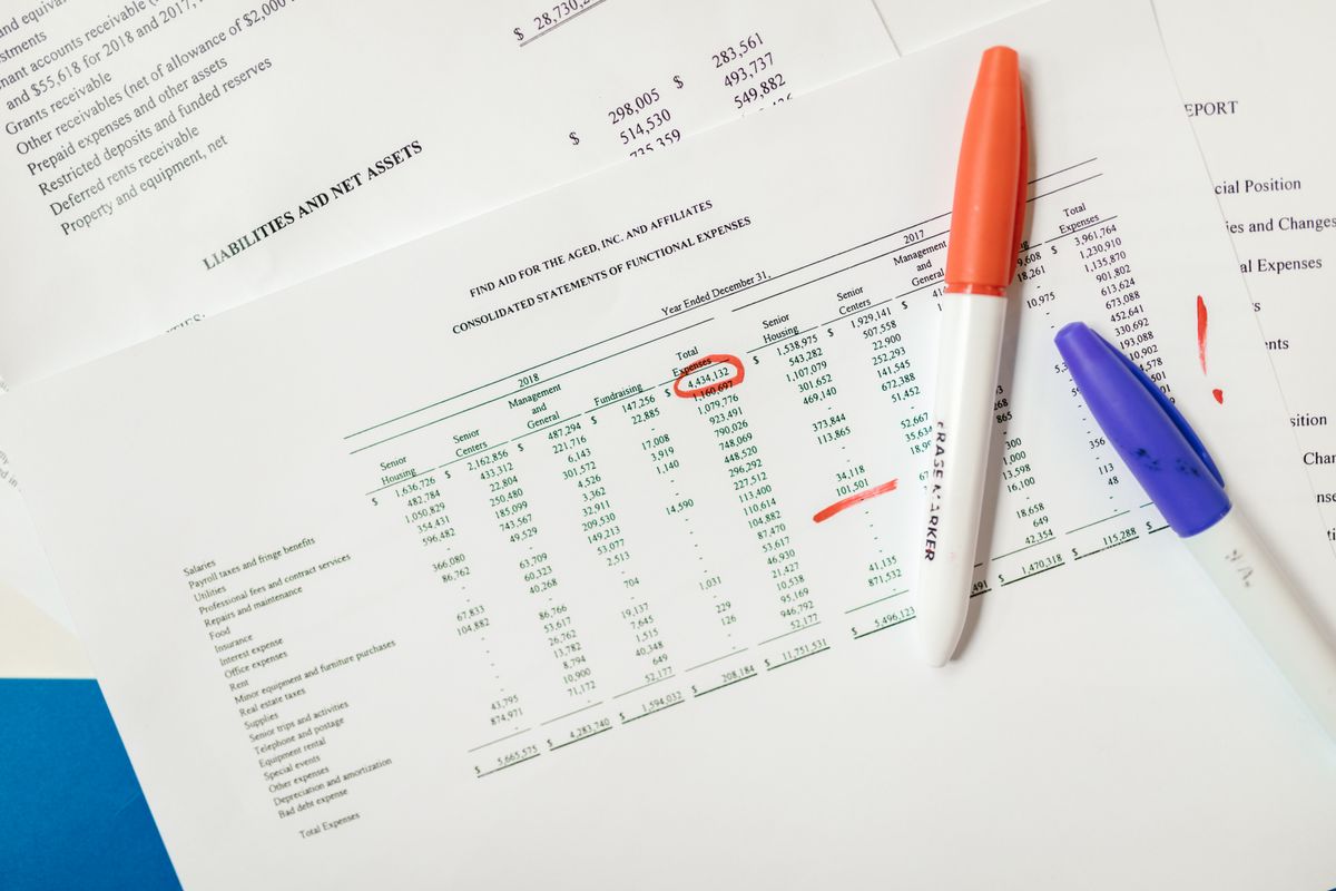 Financial spreadsheet with figures circled in marker