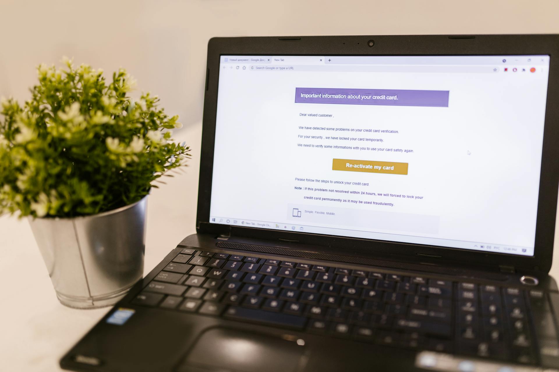 Laptop showing a financial document with a potted plant on a desk in a well-lit office.