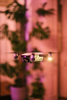 A compact drone flying indoors with a vibrant, blurred background featuring plants.