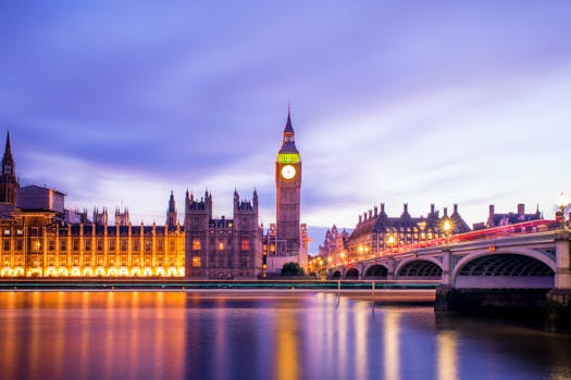Twilight view of Big Ben and Westminster, with reflections on the River Thames in London.