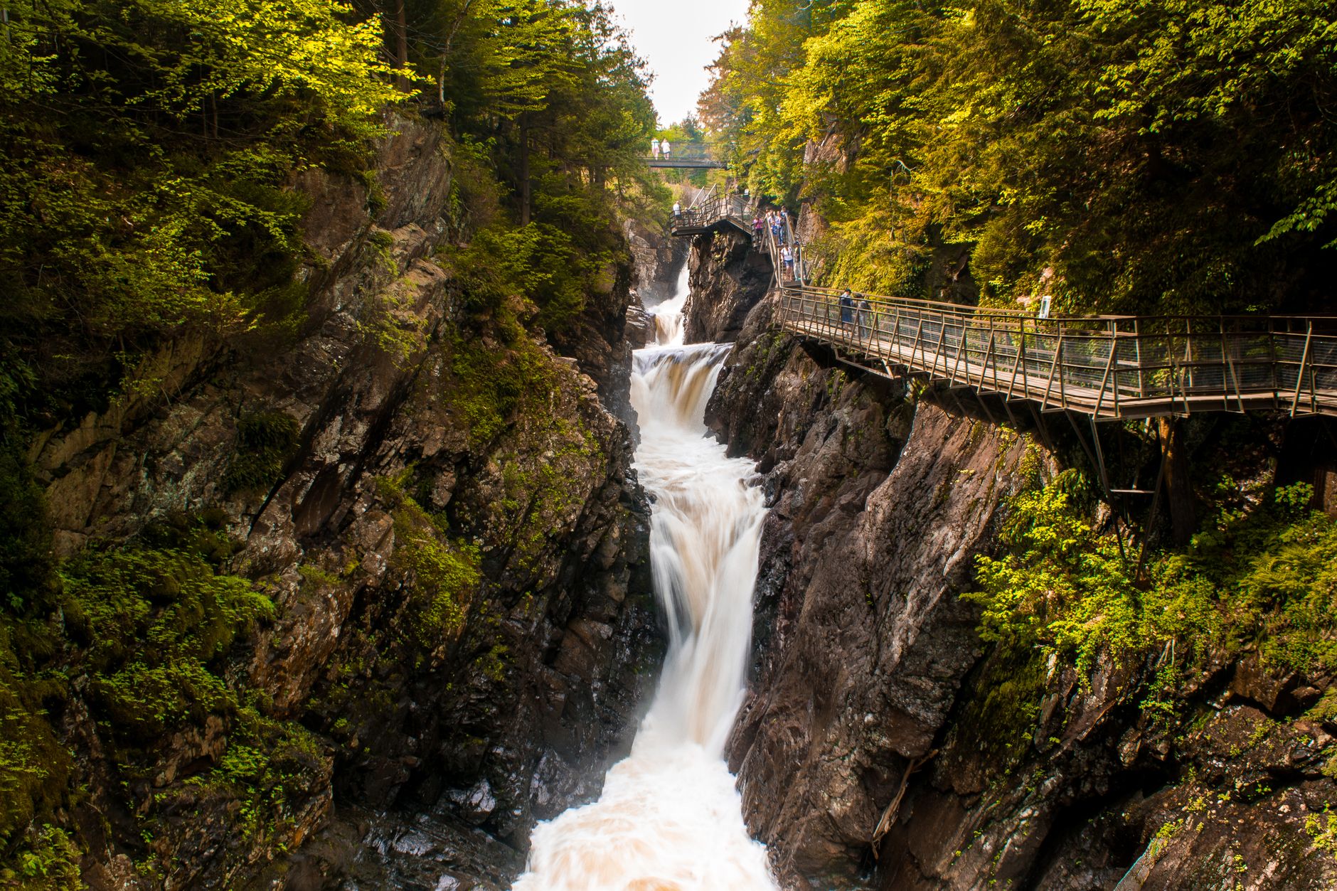 Stunning view of a waterfall cascading through Ausable Chasm, NY, surrounded by lush greenery.