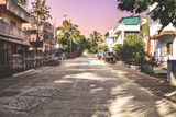 Serene neighborhood street in Pune lined with palm trees and parked vehicles