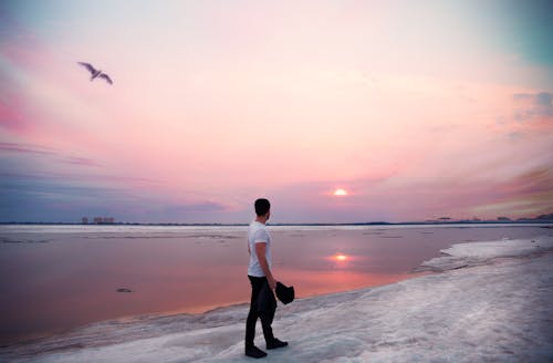 A Man Standing on the Shore During Sunset