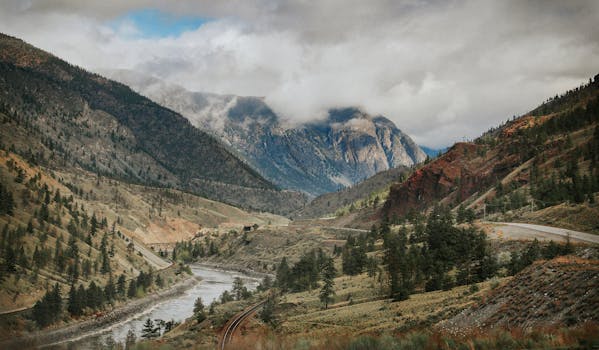 Captivating landscape of Fraser River and mountains near Lytton, BC, Canada on a cloudy day.