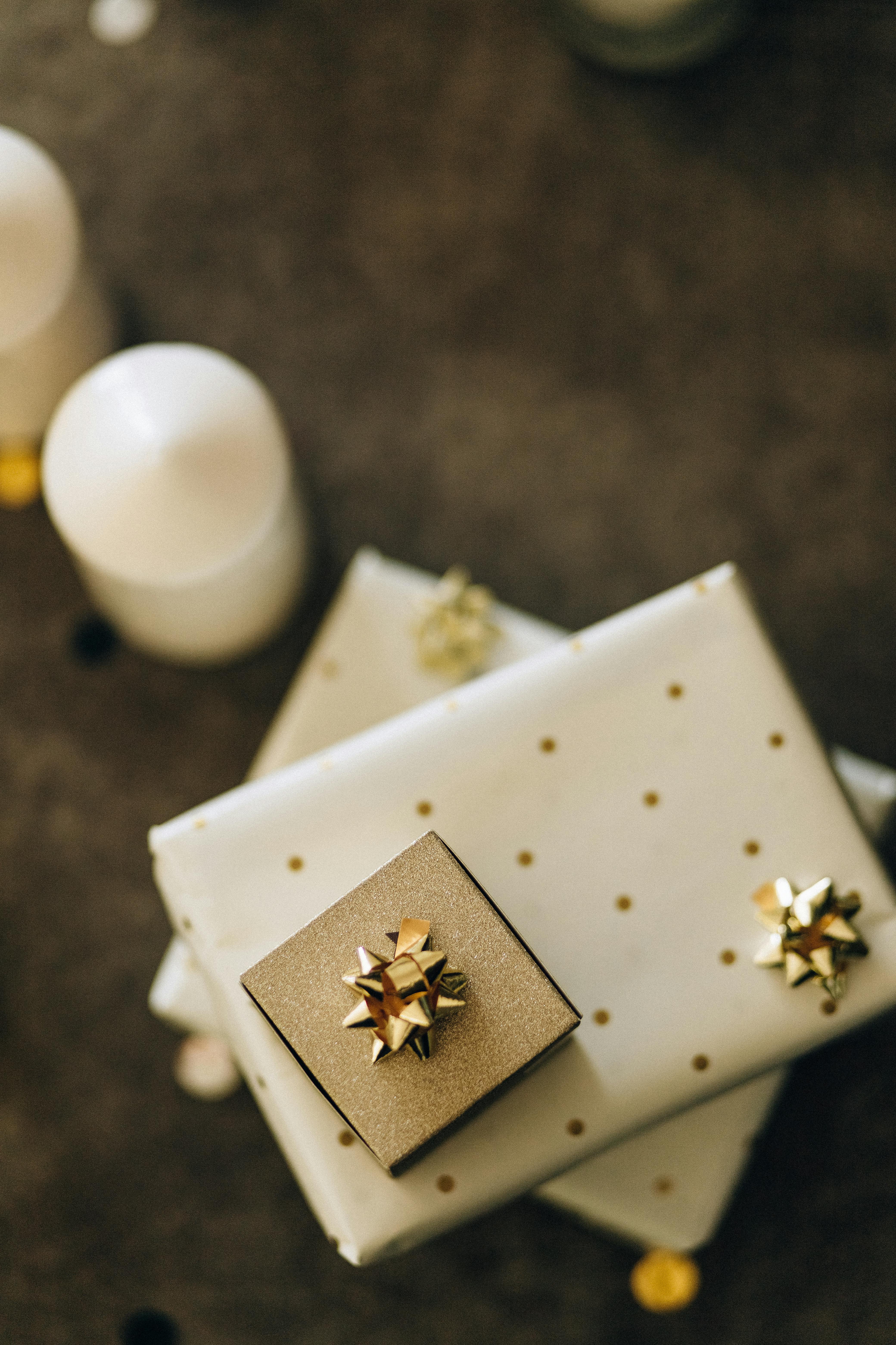 presents covered in gold and white wrapper