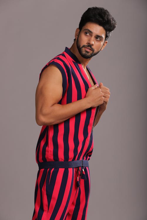 Man in Red and Black Stripe Jumpsuit