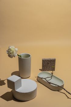 Elegant still life featuring geometric objects in soft lighting and muted colors.