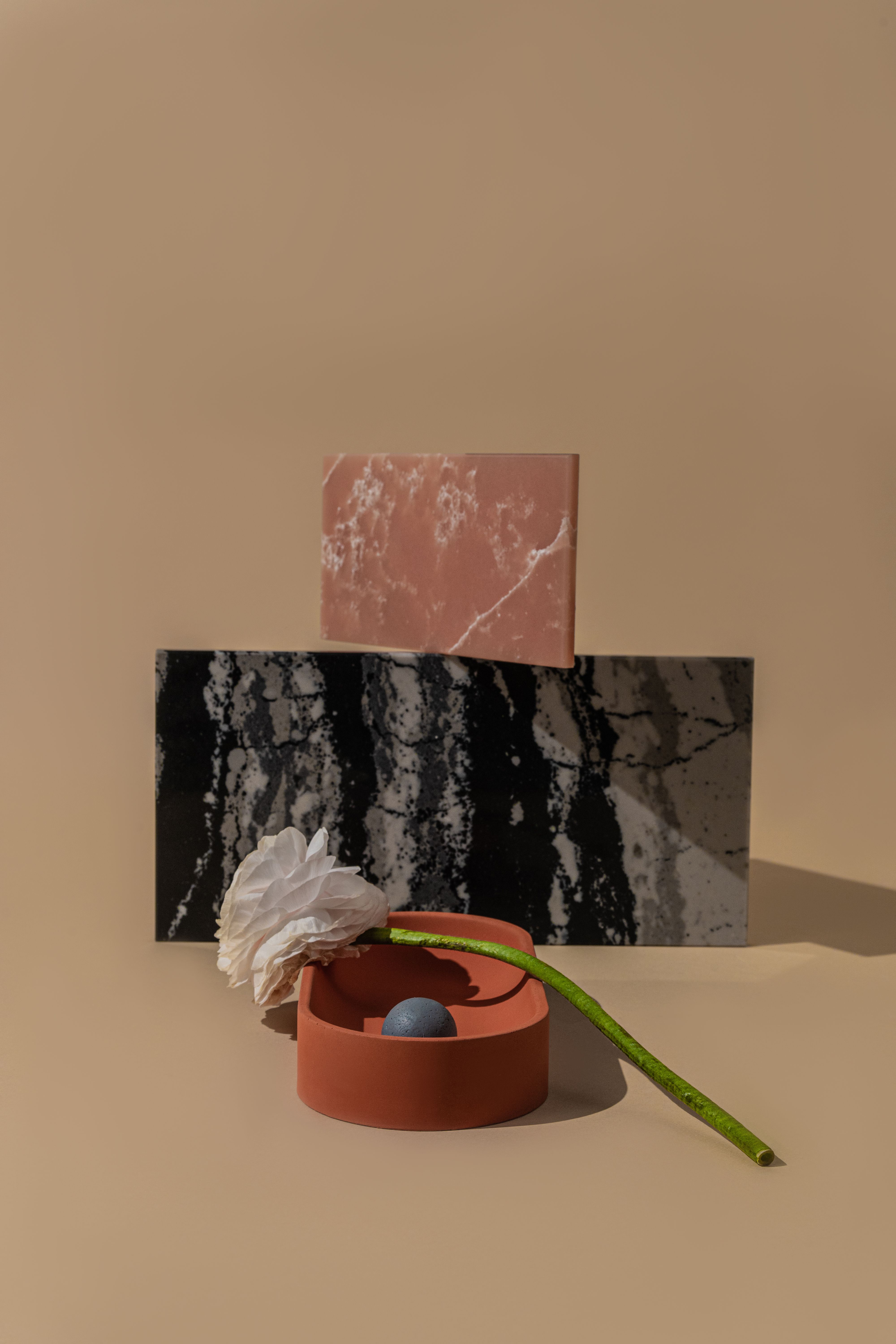 A contemporary still life composition featuring marble tiles and a white flower on a beige background.