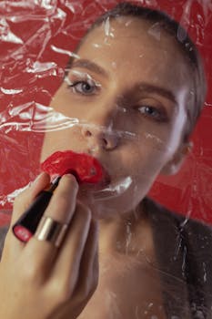 Close-up portrait of a woman applying red lipstick through plastic for a conceptual fashion shot.