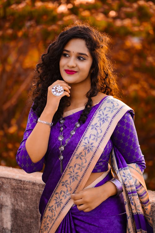 Beautiful Woman in Purple Sari Dress