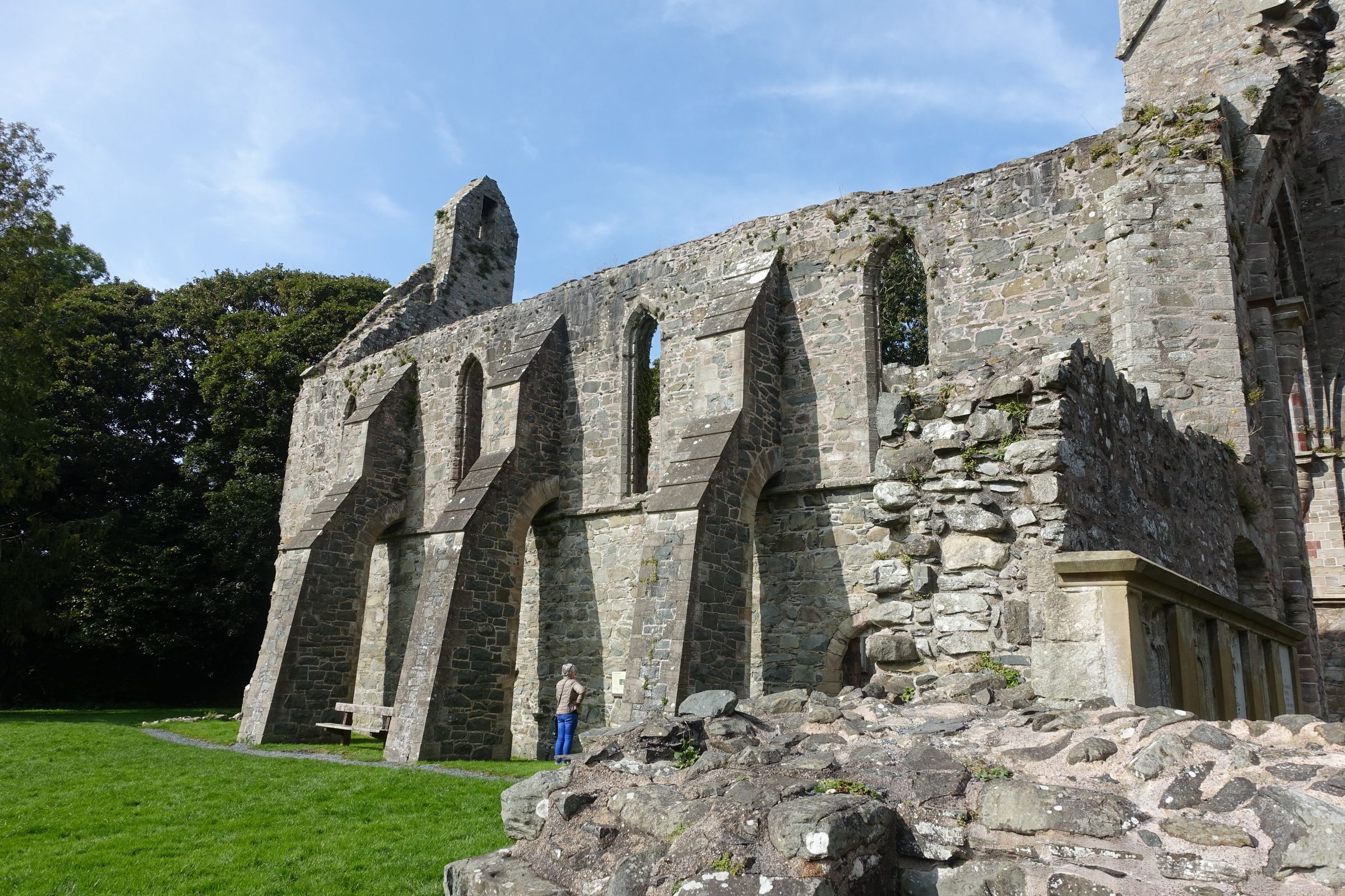 Ancient stone structures of Jerpoint Abbey against a clear sky