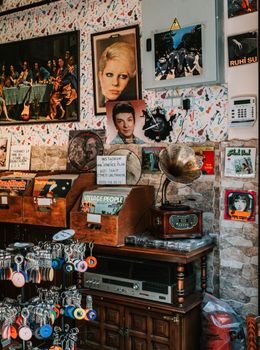 A cozy vintage record shop adorned with classic albums and retro decor, evoking nostalgia.