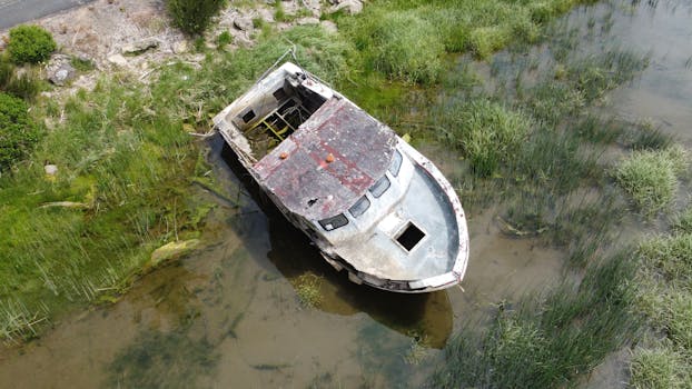 Aerial view of an abandoned shipwreck in marshland near Reedsport, Oregon.