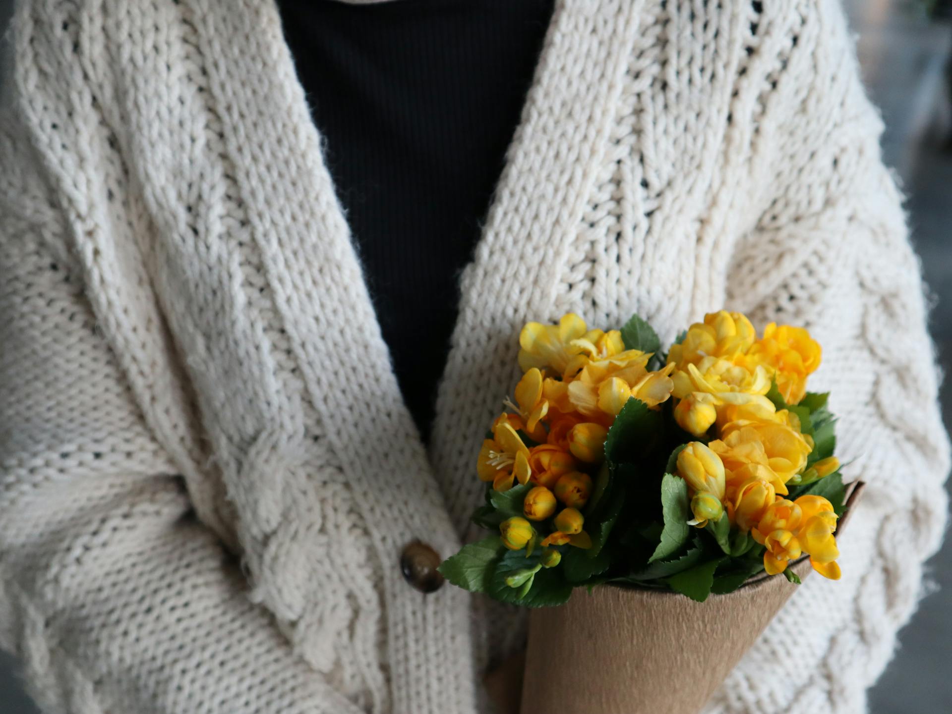 Crop unrecognizable person in knitted sweater holding bunch of yellow tulips with green leaves