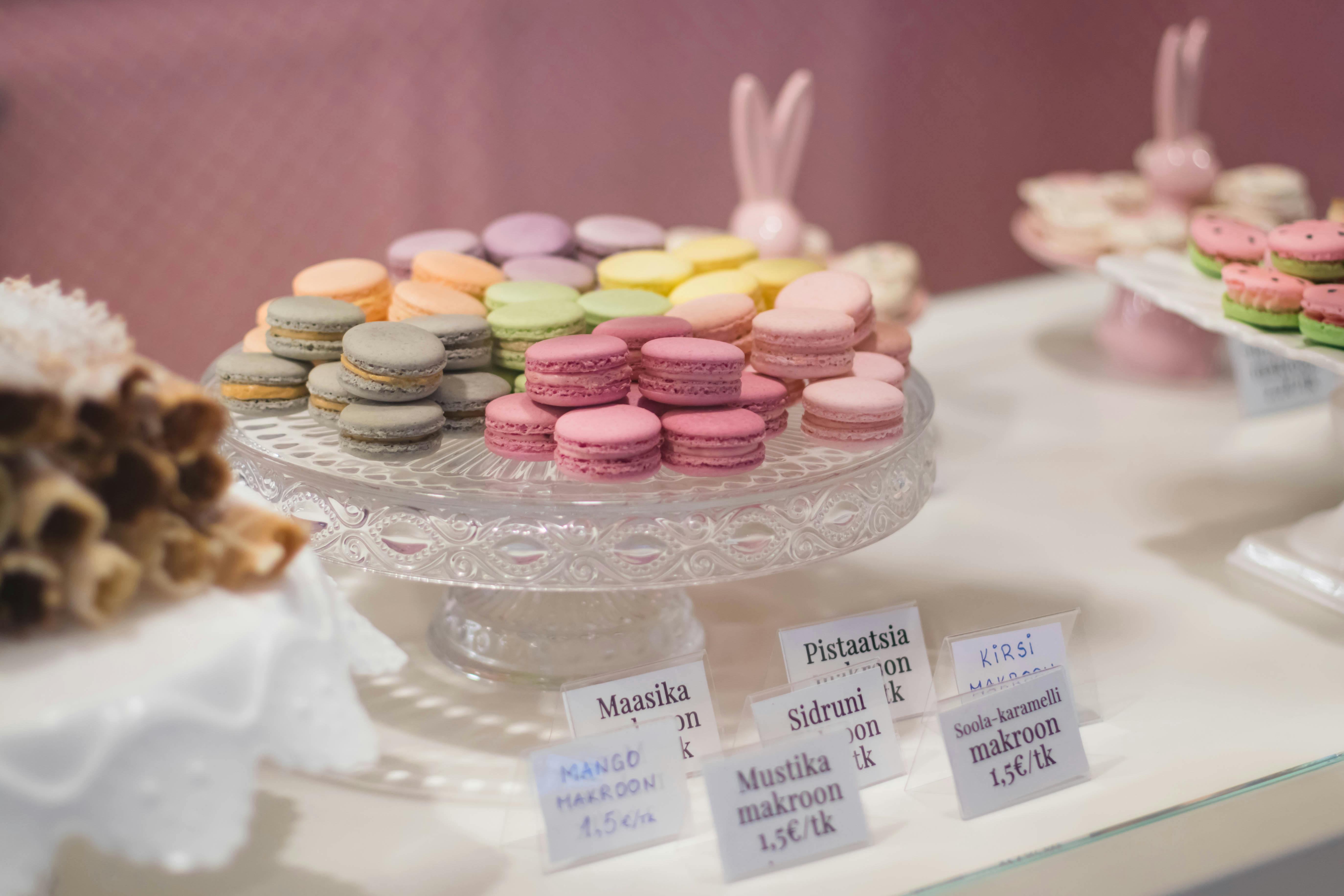 macaroons on cut glass tray