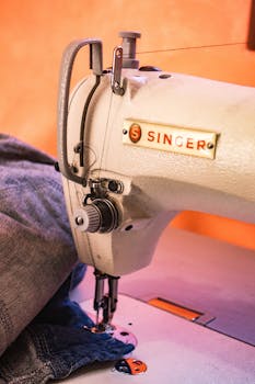 Detailed view of a Singer sewing machine working on denim fabric with precision.