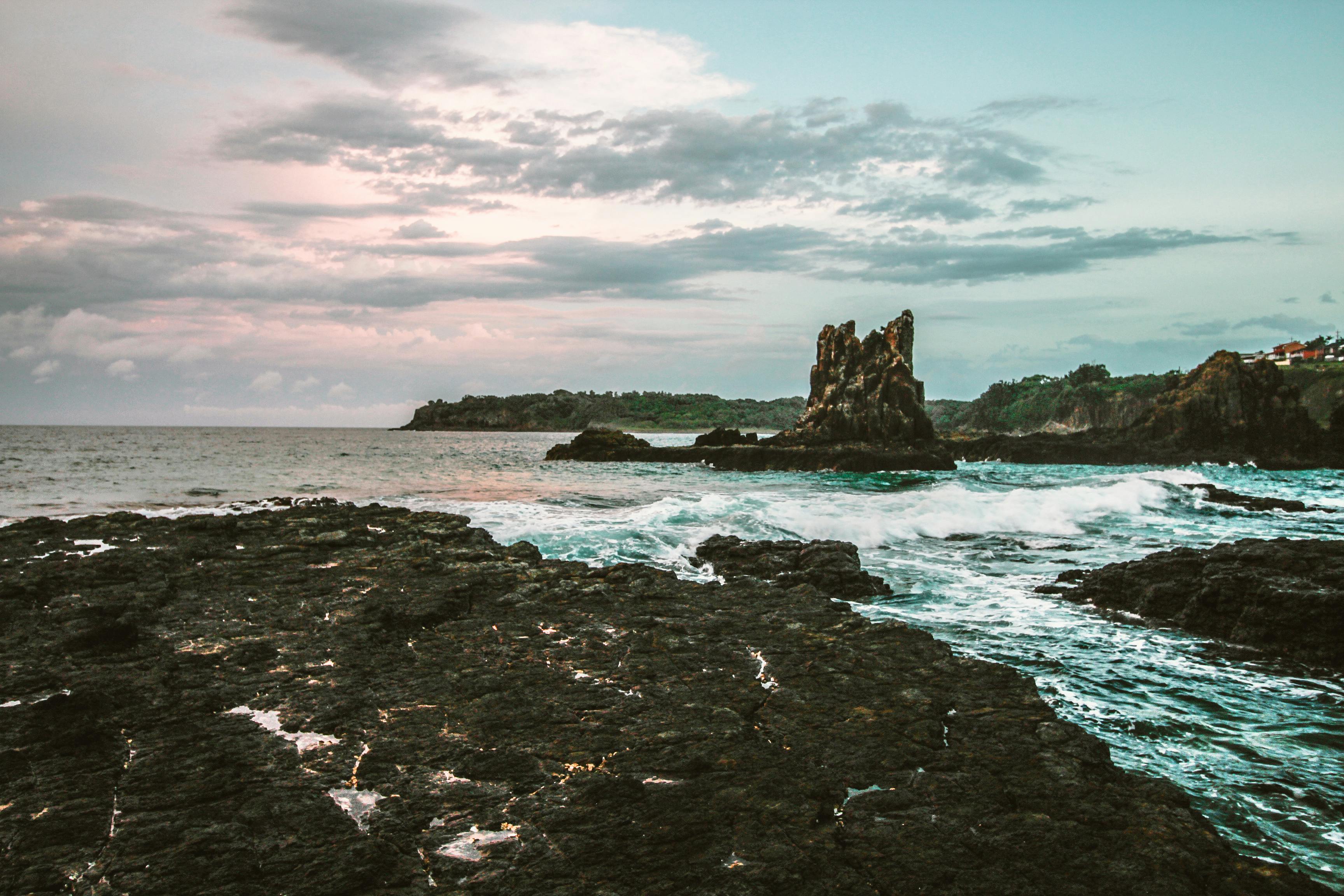 日出时分，在粉彩般的天空下，可以看到令人惊叹的海浪和崎岖的沿海悬崖