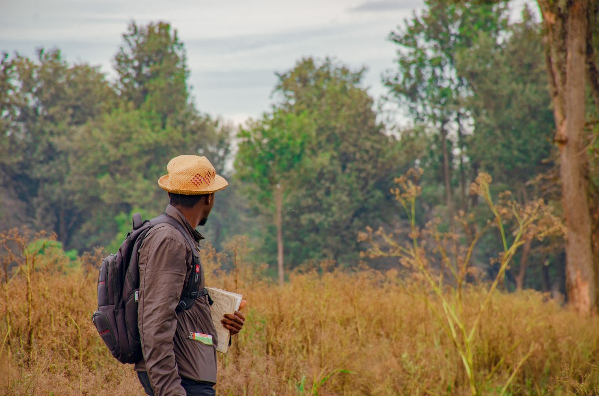 Man in brown hat standing on grass in the Ngorongoro Crater Highlands