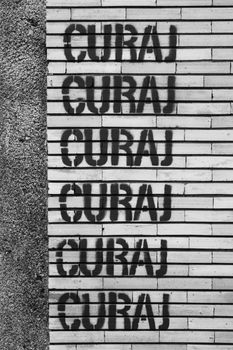 Artistic black and white graffiti 'CURAJ' on a textured brick wall.