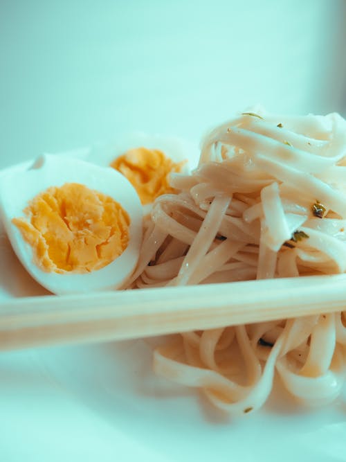 Free stock photo of asian noodles, blue, boiled egg