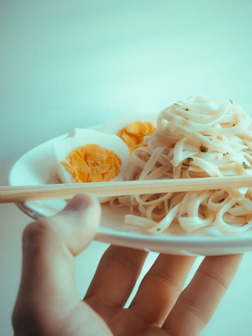 Free stock photo of asian noodles, blue, boiled egg