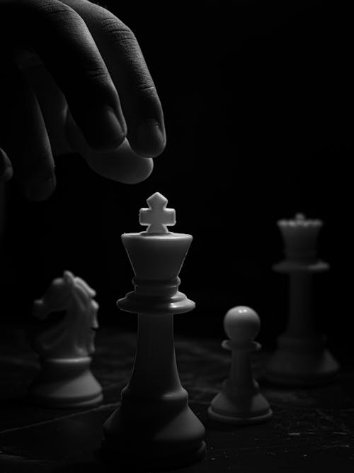 Grayscale Photo of Person Holding Chess Piece