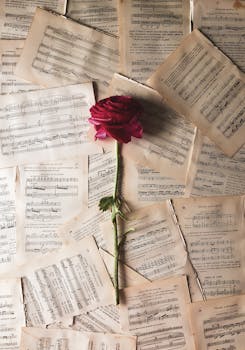 A single red rose lies elegantly on scattered vintage sheet music pages.