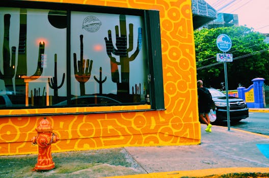 Vibrant street photo featuring colorful urban art in San Juan, Puerto Rico.