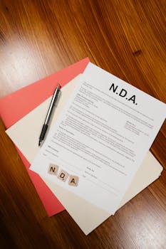A close-up view of an NDA document, pen, and files on a wooden surface, perfect for legal or business themes.