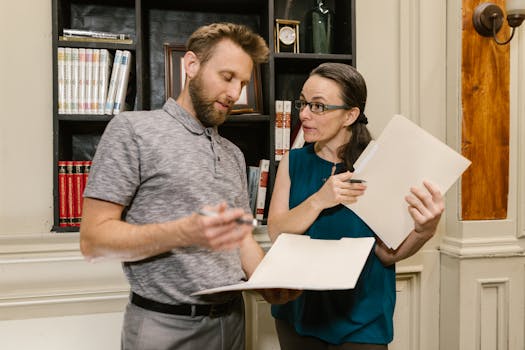 Two colleagues discussing work documents in a professional office setting.