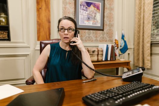 A Woman Talking on the Phone at her Work Desk