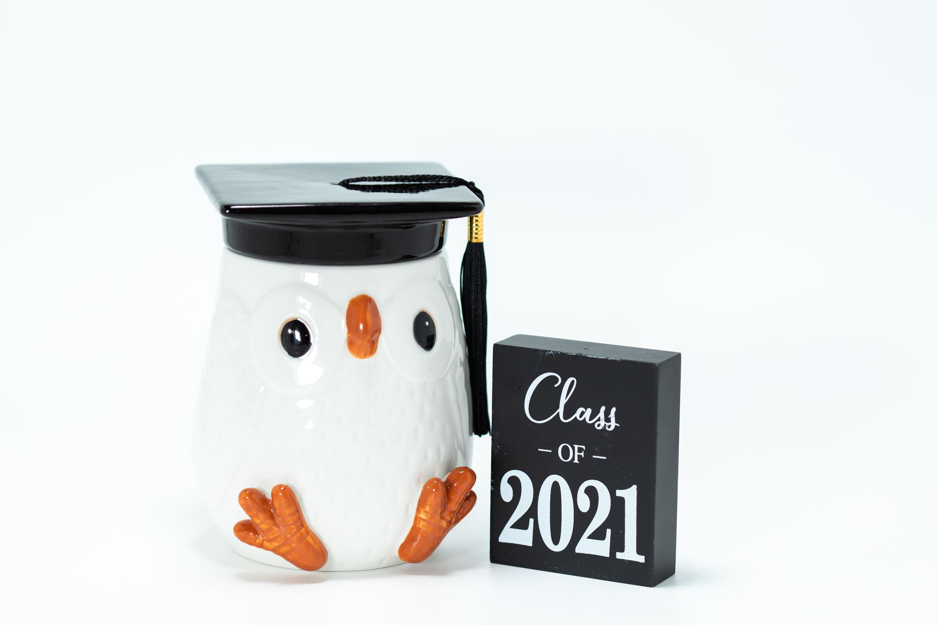 Porcelain Jar in the Shape of an Owl in a Mortarboard and a Plate Marked Class of 2021