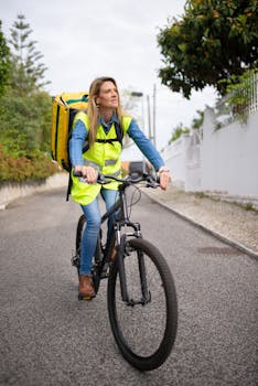 Woman courier on bicycle delivering goods in a quiet neighborhood street.