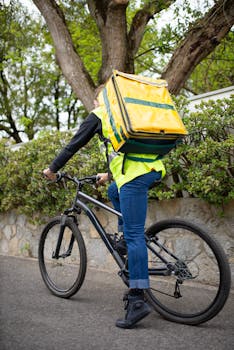 Bicycle courier riding on city street with yellow backpack for deliveries.