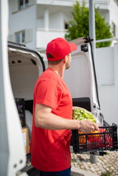 Courteous delivery man in red uniform unloads groceries from van outdoors in Portugal.