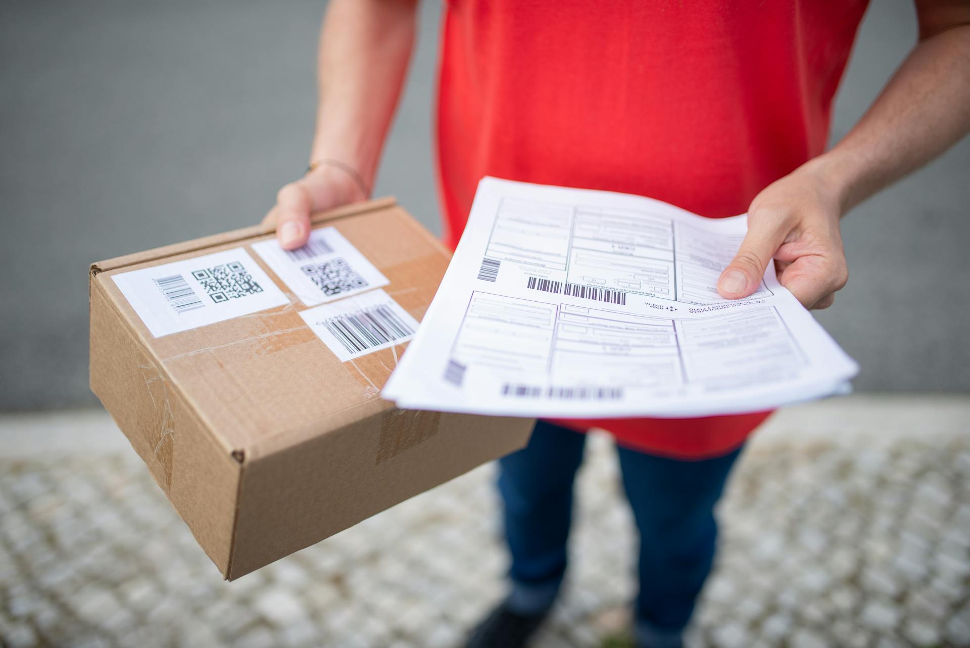 Person Holding a Papers and Box