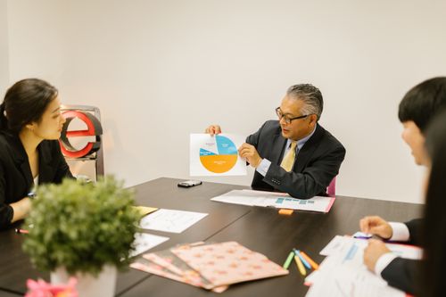 Free Professionals engaged in a collaborative business meeting discussing strategies with visual aids. Stock Photo