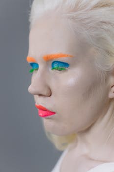 Portrait of a woman with bright eye shadow and bold lipstick, closed eyes.