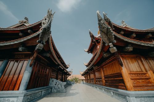 Free Low angle view of intricately carved traditional Asian wooden buildings. Stock Photo