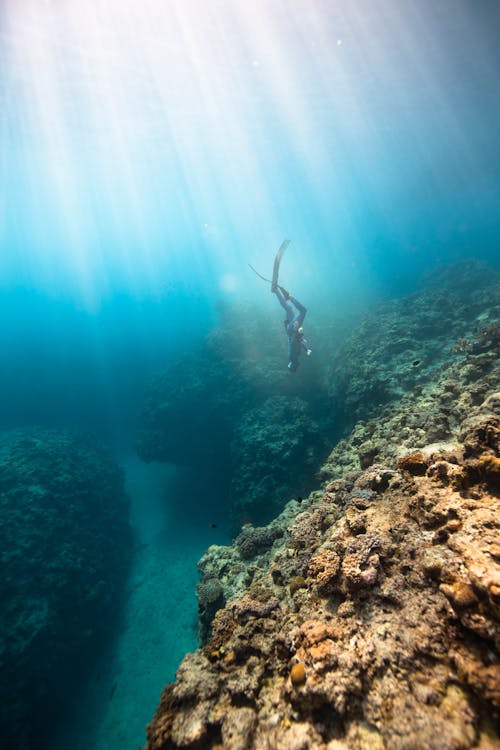 Unrecognizable diver swimming in clear water