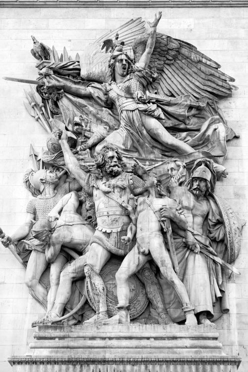 Free Detailed bas relief sculpture on Arc de Triomphe, Paris, showcasing historical figures in grayscale. Stock Photo